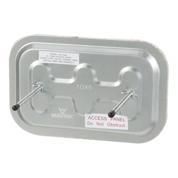 A rectangular metal access panel with two protruding studs and warning labels, including one that reads 'ACCESS PANEL Do Not Obstruct.'