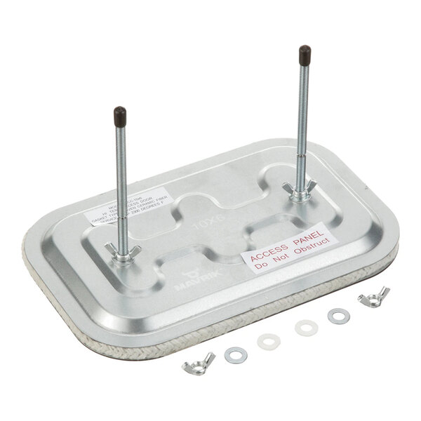 A rectangular metal panel with two vertical threaded studs, washers, wing nuts, and labels, designed for duct access.