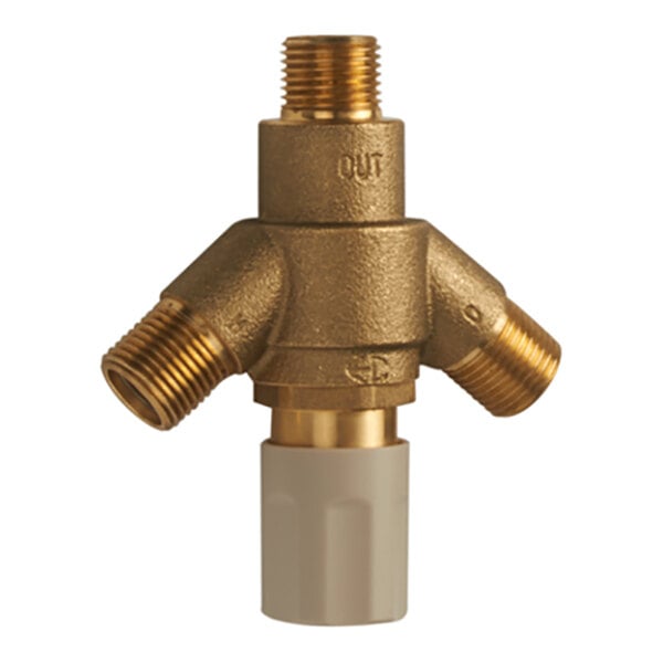 A brass thermostatic mixing valve with three threaded metal inlets and a white plastic adjustment knob at the bottom.