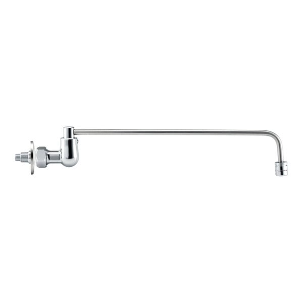 A wall-mounted metal faucet with a long, straight spout and a right-angle bend at the end.