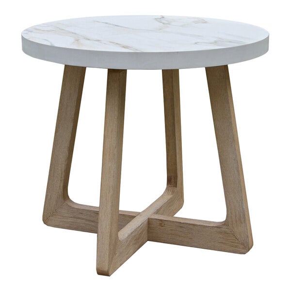 A round table with a white marble-like top and light wood legs arranged in a geometric pattern.