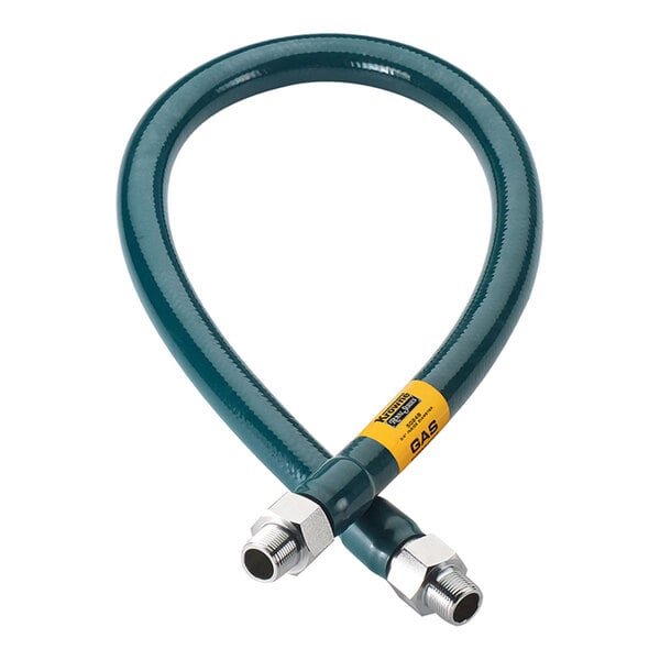 A flexible, green hose with metal connectors on both ends and a yellow label, coiled in a loop.
