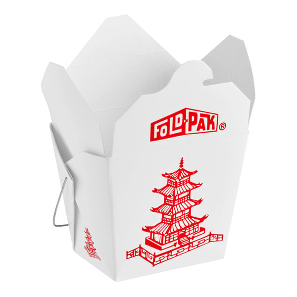 A white paper take-out container with a wire handle, featuring a red pagoda illustration and the text 'FOLD-PAK' on the front.