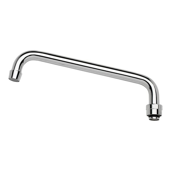 A chrome-colored, L-shaped metal spout with threaded ends, likely for plumbing or faucet use.