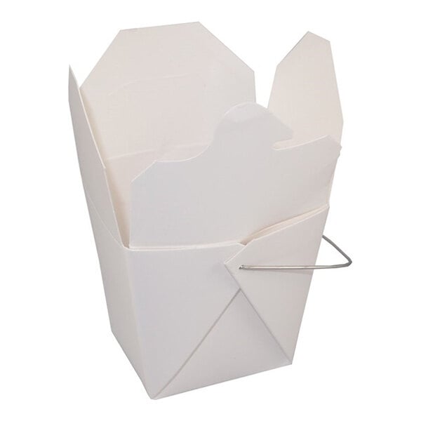 A white paper take-out container with a metal handle and open flaps.