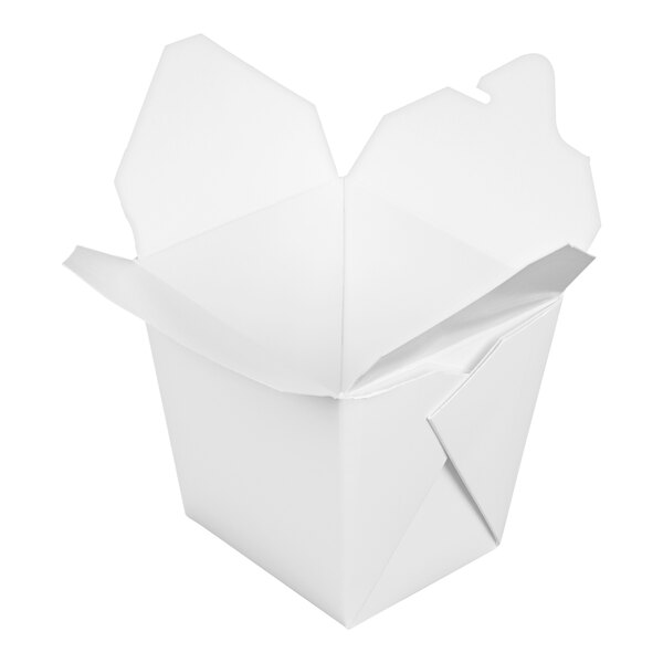 A white paper take-out container with its flaps open, shown on a plain background.