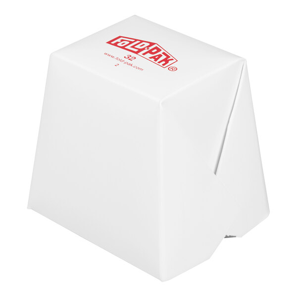 A white, folded paper take-out container with red text on the top.