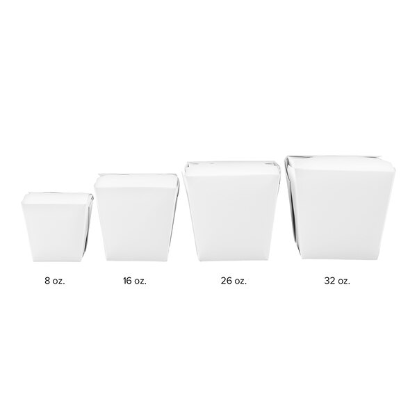 Four white paper take-out containers of varying sizes are shown in a row, labeled 8 oz., 16 oz., 26 oz., and 32 oz.