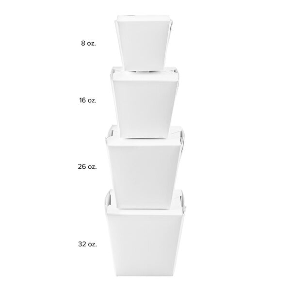 Four white paper take-out containers are stacked in ascending order of size, labeled 8 oz., 16 oz., 26 oz., and 32 oz.