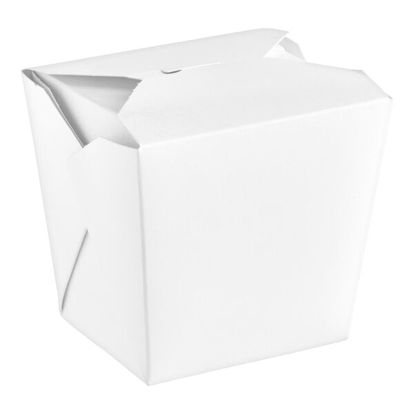 A white, folded paper take-out container with a closed top.