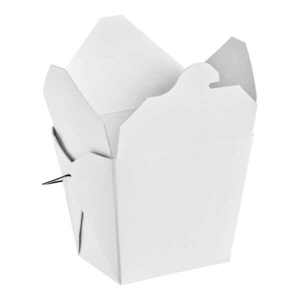 A white paper take-out container with a wire handle and partially open flaps.