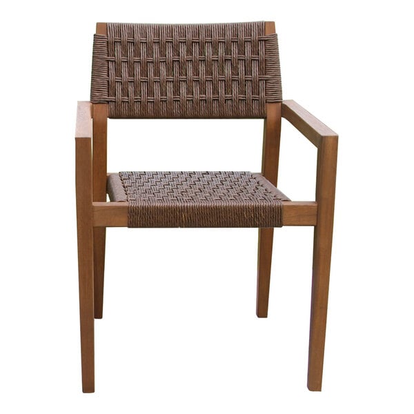A wooden chair with a woven wicker seat and backrest, featuring armrests and a simple, modern design.