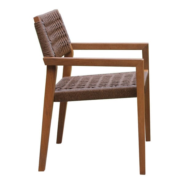 A wooden chair with a woven wicker seat and backrest, featuring straight armrests and legs.