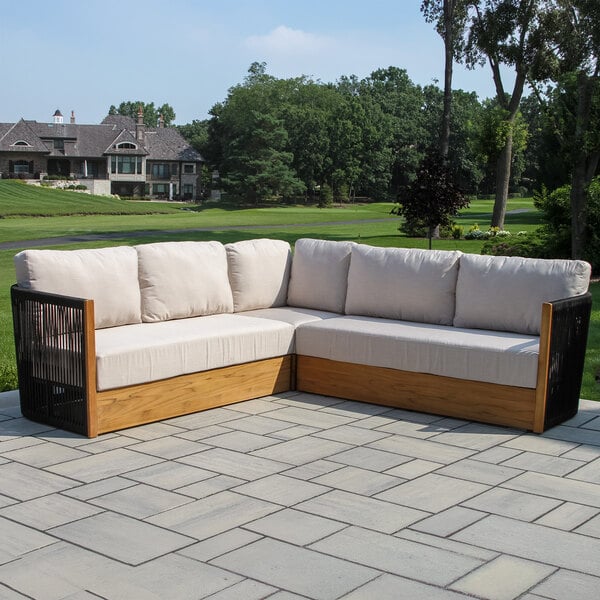 Outdoor Interiors Resort Black Rope and Teak Outdoor Sectional with Sunbrella Cushions