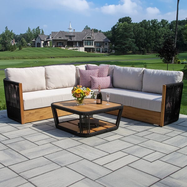 Outdoor Interiors Resort Black Rope and Teak Outdoor Sectional with Sunbrella Cushions