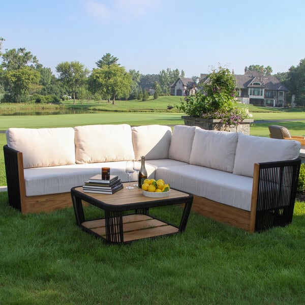 Outdoor Interiors Resort Black Rope and Teak Outdoor Sectional with Sunbrella Cushions