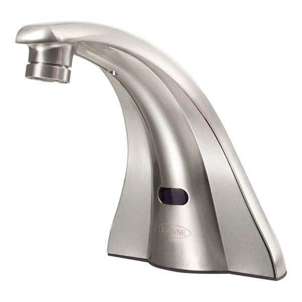 A metallic, deck-mounted electronic sensor faucet with a curved spout and a sensor window on its base.