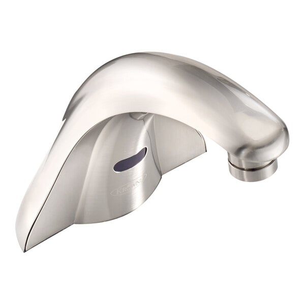 A metallic, curved, deck-mounted electronic sensor faucet with a sleek, modern design and a visible sensor area on the front.