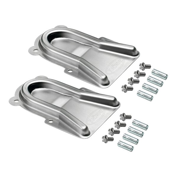 Two stainless steel U-shaped mounting brackets with accompanying screws and metal inserts are shown on a white background.