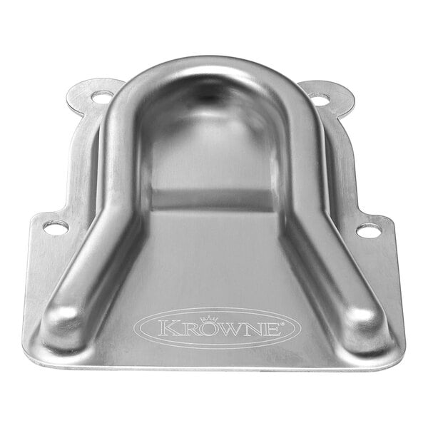 A stainless steel mounting plate with a raised U-shaped guide and four screw holes, featuring the Krowne logo engraved on the surface.