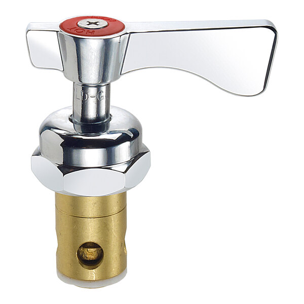 A metallic valve component with a wing-shaped handle and a brass cylindrical base.