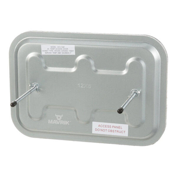 A rectangular metal panel with two protruding rods and warning labels, including one that reads 'ACCESS PANEL DO NOT OBSTRUCT.'