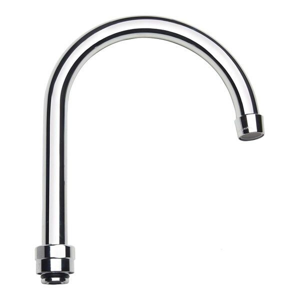 A shiny, metallic gooseneck-shaped spout with a threaded base and a curved design.