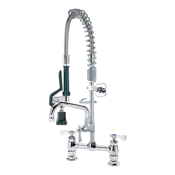 A chrome deck-mount pre-rinse faucet with a flexible spring hose, dual handles, and an additional spout attachment.