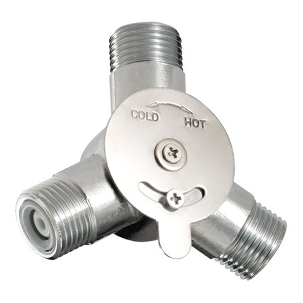 A metallic three-way valve with labeled controls for adjusting between cold and hot water.