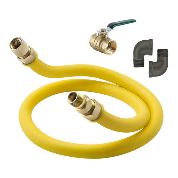 A yellow flexible hose with metal fittings, accompanied by a brass valve and two black elbow pipe fittings.