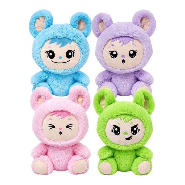 Four plush dolls with bear-like ears in blue, purple, pink, and green outfits, each with a unique facial expression.
