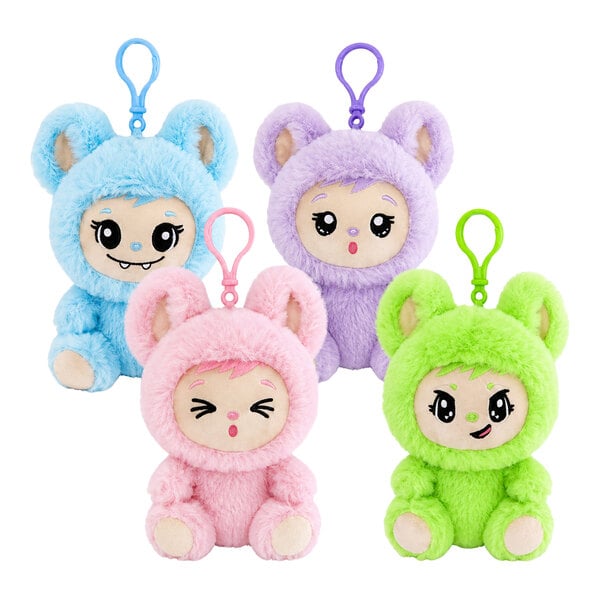 Four small plush dolls in blue, purple, pink, and green bear costumes, each with a matching plastic clip for attaching to keychains or bags.