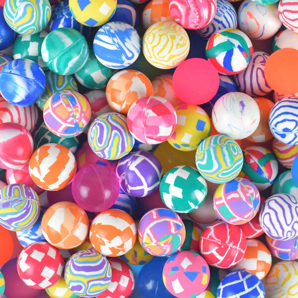 A pile of colorful, patterned rubber balls with various swirls, stripes, and geometric designs.
