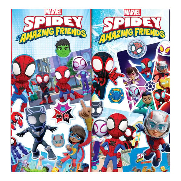 Two sheets featuring colorful cartoon characters from Marvel's Spidey and His Amazing Friends, including Spider-Man, Hulk, and others, along with various themed stickers.