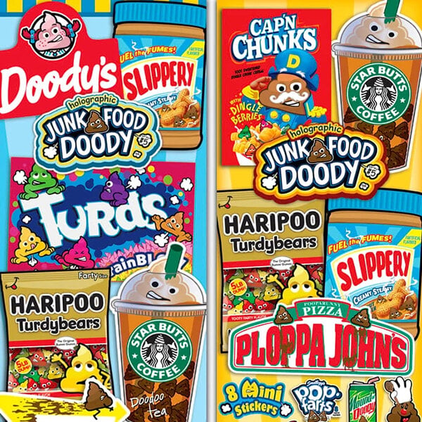 A colorful assortment of parody food and drink stickers featuring humorous, poop-themed versions of popular brands and products.