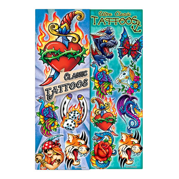 Two colorful sheets featuring various classic tattoo designs, including a flaming heart with a dagger, a panther, a butterfly, a unicorn, flowers, dice, a horseshoe, a dragon, a rose, and cartoon-style cats and a woman.