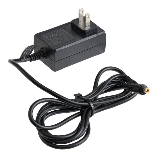 A black power adapter with a two-prong plug and a long attached cable ending in a barrel connector.