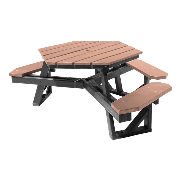 A hexagonal picnic table with attached benches, featuring brown slats and a black frame.