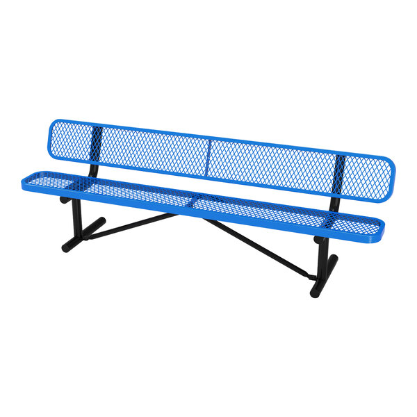 A blue metal bench with a mesh seat and backrest, supported by black metal legs and frame.