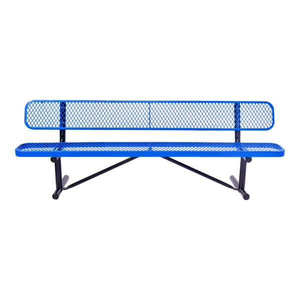 A blue metal bench with a mesh design and black metal legs, viewed from the front.