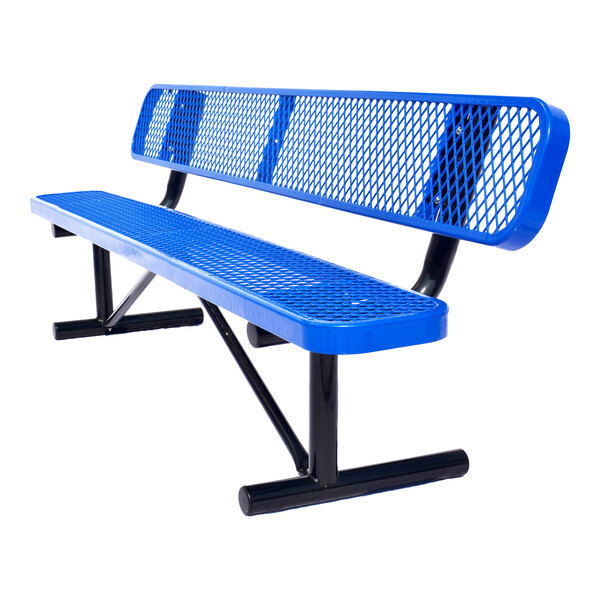 A blue metal bench with a mesh seat and backrest, supported by black metal legs.