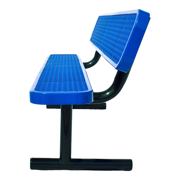 A blue metal bench with a perforated seat and backrest, supported by black metal legs.
