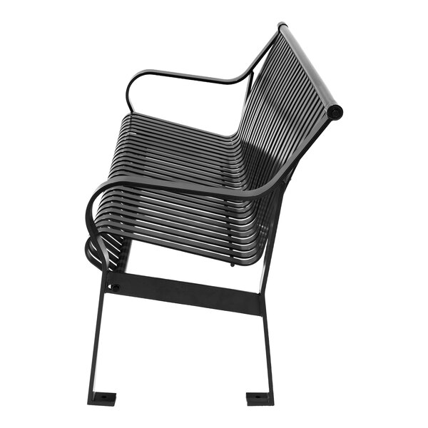 A black metal bench with slatted seat and backrest, featuring armrests and a sturdy frame.