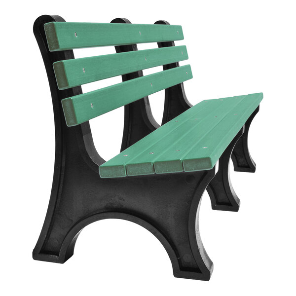 A green slat bench with a black frame, featuring three back slats and three seat slats.