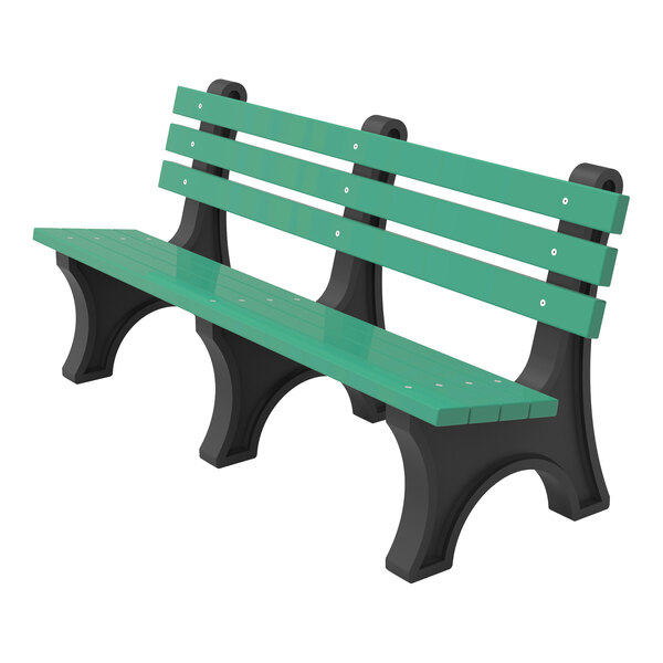 A green bench with three horizontal slats for the backrest and seat, supported by three black arched legs.