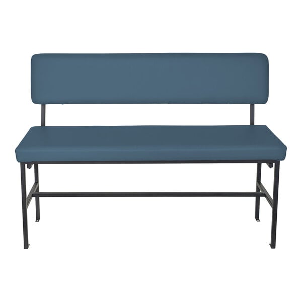 A modern bench with a blue upholstered seat and backrest, supported by a black metal frame.