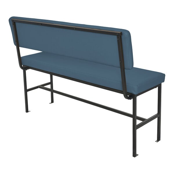 A bench with a blue upholstered seat and backrest, supported by a black metal frame.
