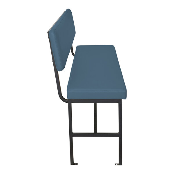 A side view of a bench with a blue upholstered seat and backrest, supported by a black metal frame.