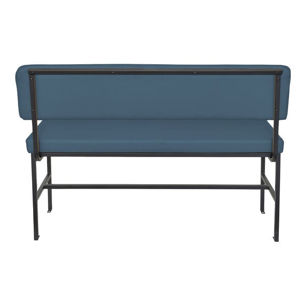 A blue upholstered bench with a backrest and a black metal frame, viewed from the rear.