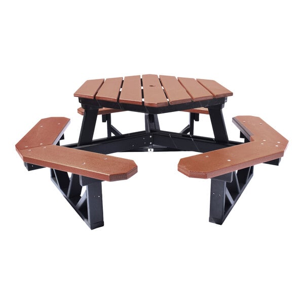 A hexagonal picnic table with brown slatted seats and tabletop, supported by a black frame.